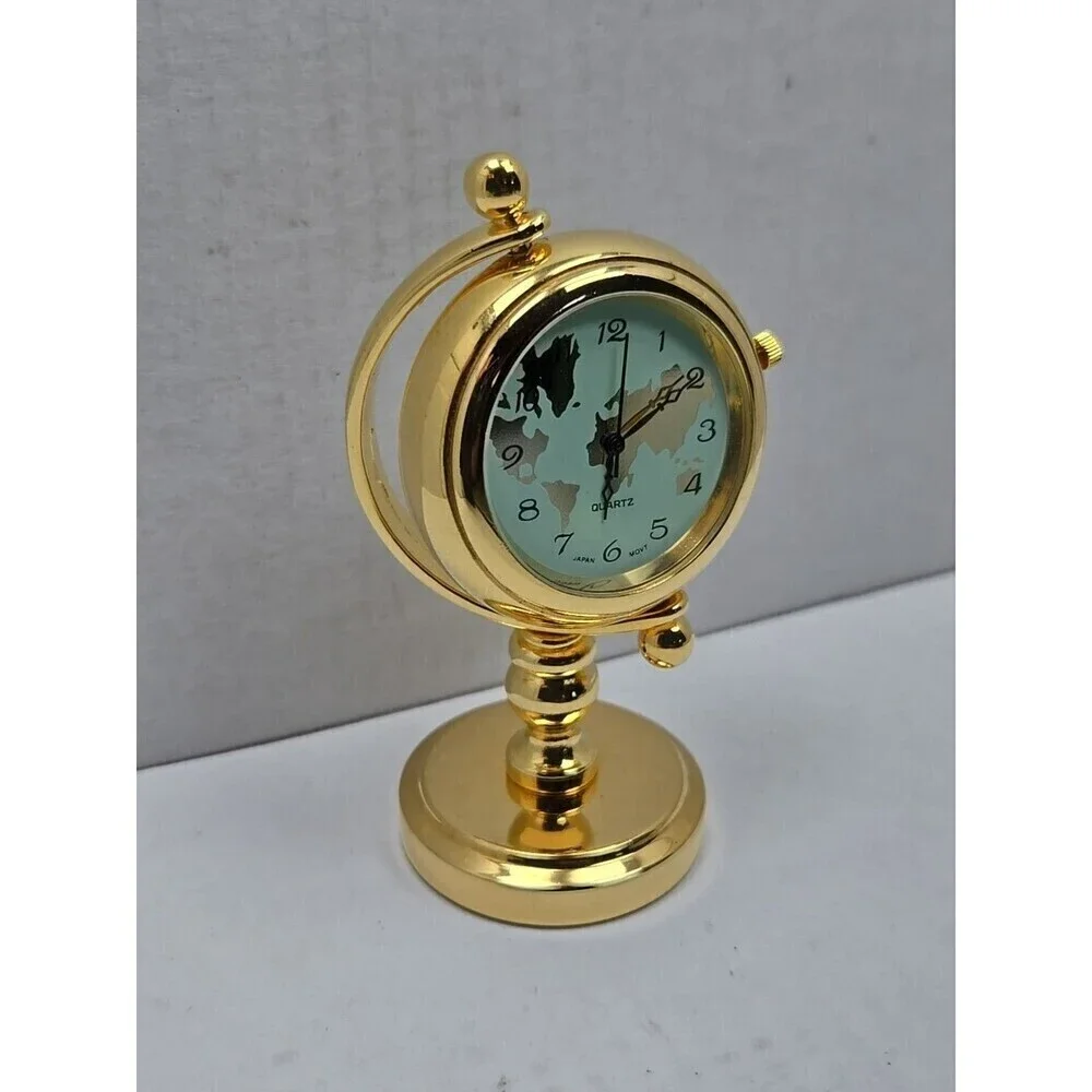 Miniature Gold World Map Desk Clock Quartz Japan Movt New Battery Working Gimbal